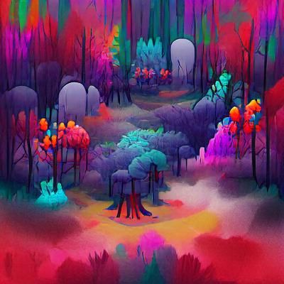 a colourful and eerie forest