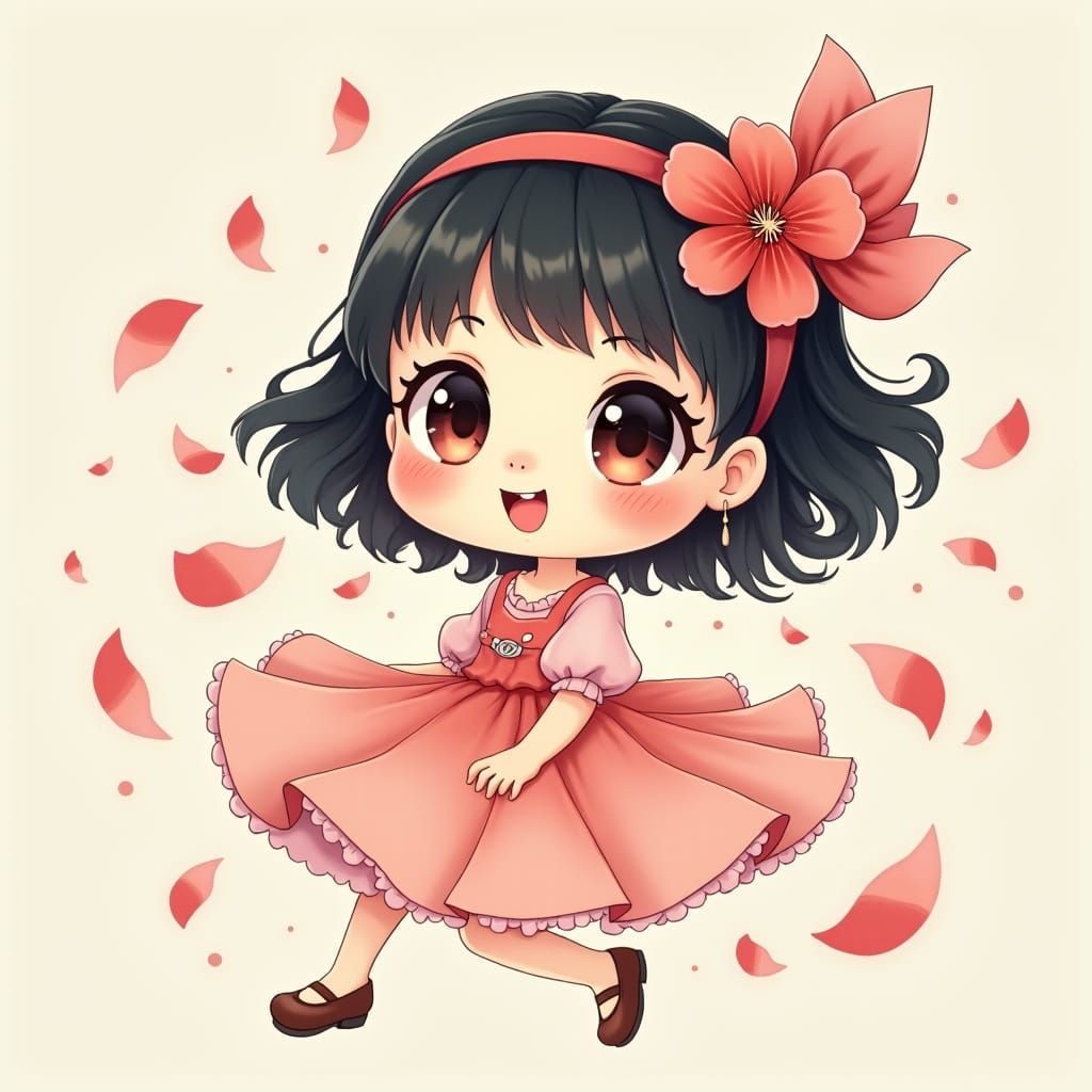 Pastel Cartoon Girl with Cherry Blossoms