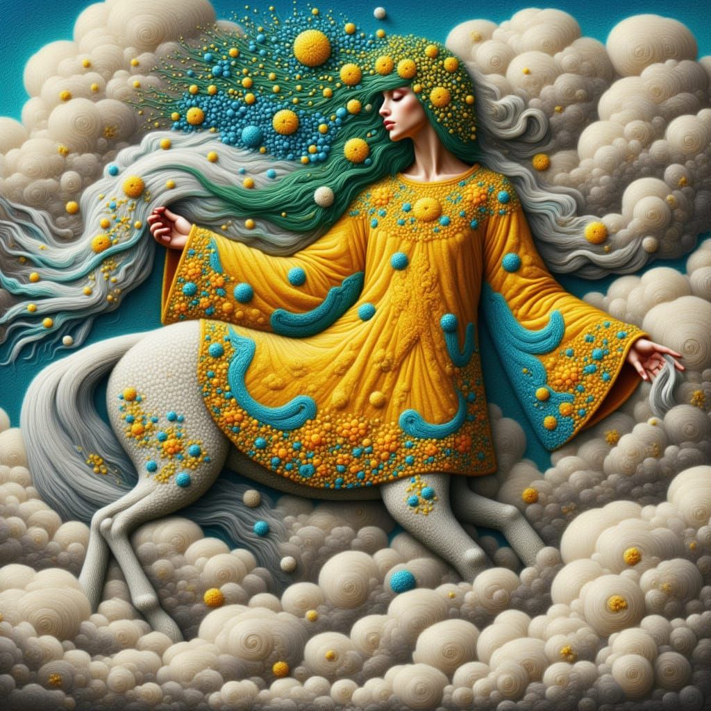 <lora:Kak-embroidery:1.0>Horse man in yellow, surreal