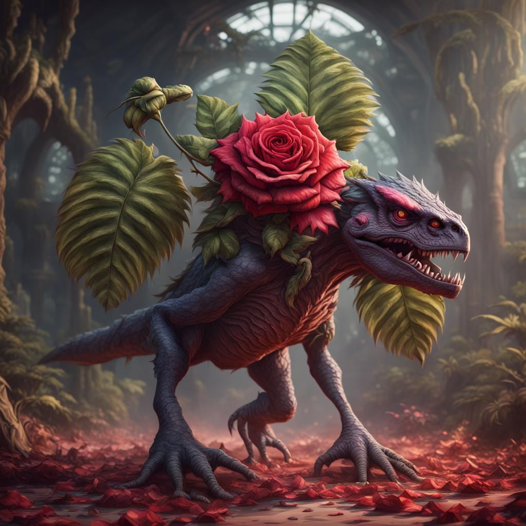 Monster plant raptor made from plant fiber with big rose on ...