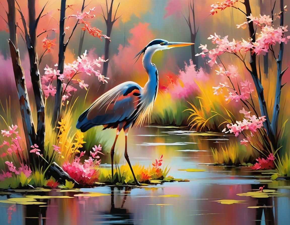 Blue Heron in Wetlands: Abstract Expressionist Oil Painting