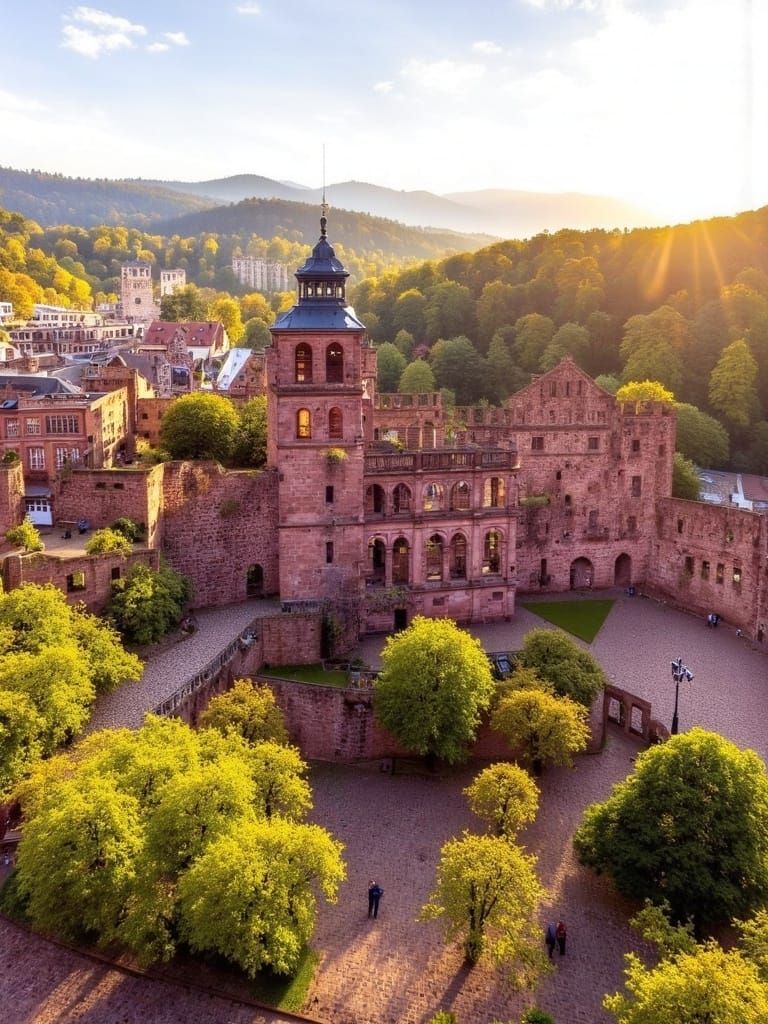 <lora:Heidelberg Castle:1.5> Heidelberg Castle in summer, from the bird's perspective, dynamic lighting 8k resolution hyperrealism 
