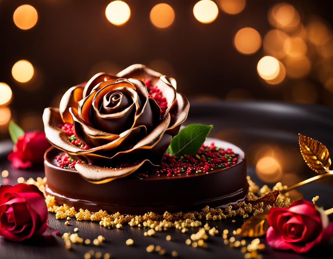 An exquisite dessert.  The rose is made of high-quality dark chocolate, decorated with gold and caramel ...  by @Myroslav