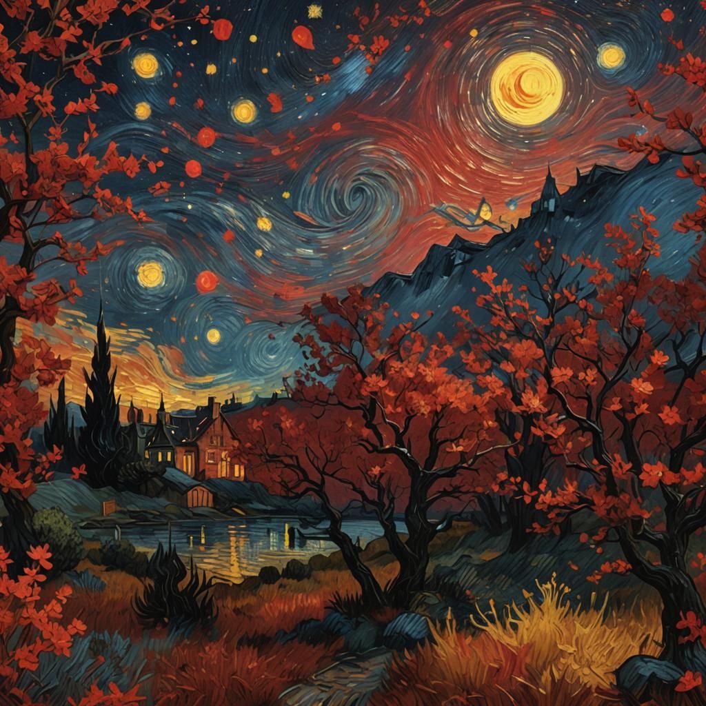 Vincent van Gogh’s Starry Night in Red  by @Cardinal Axl 