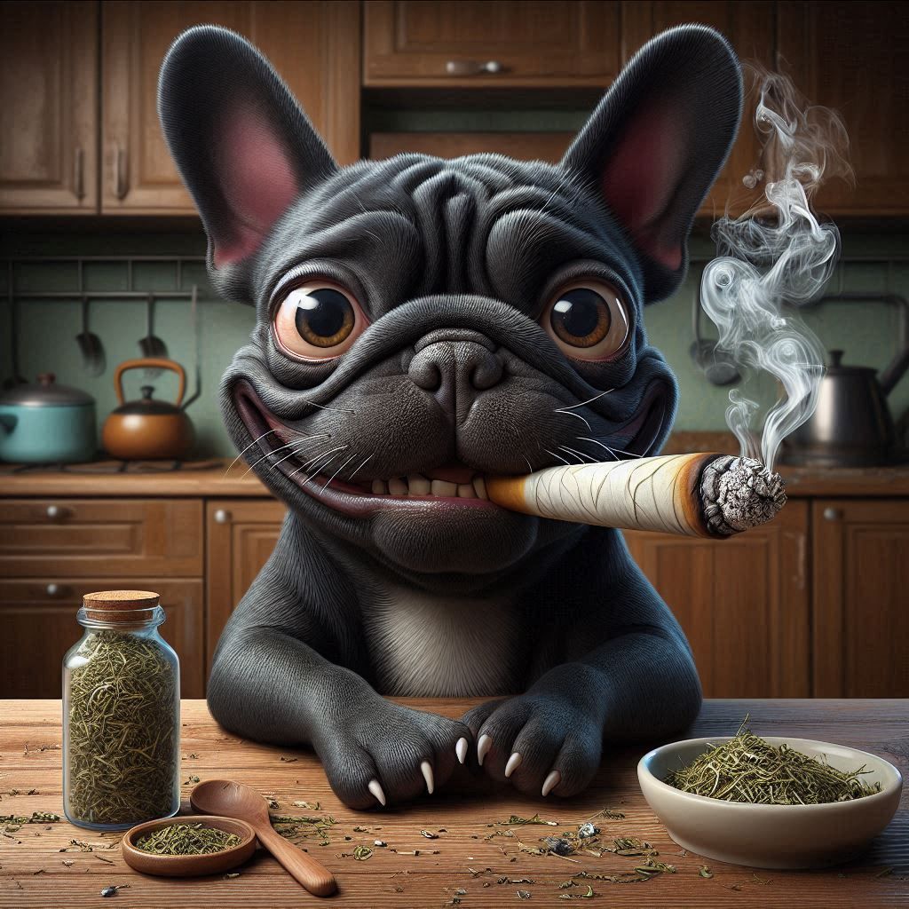 French Bulldog smoking weed