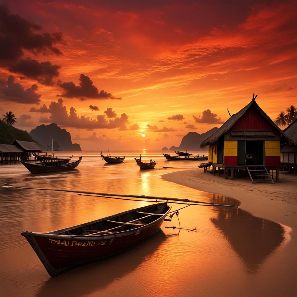 Thailand beautiful secluded  sandy beach, beach hut, thai fishing boats,  sunset, red  and yellow sky, ...  by @Dessa