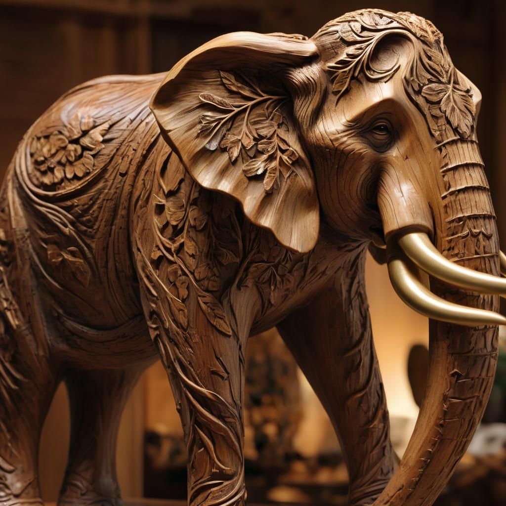 Oak wood carving of a bull elephant