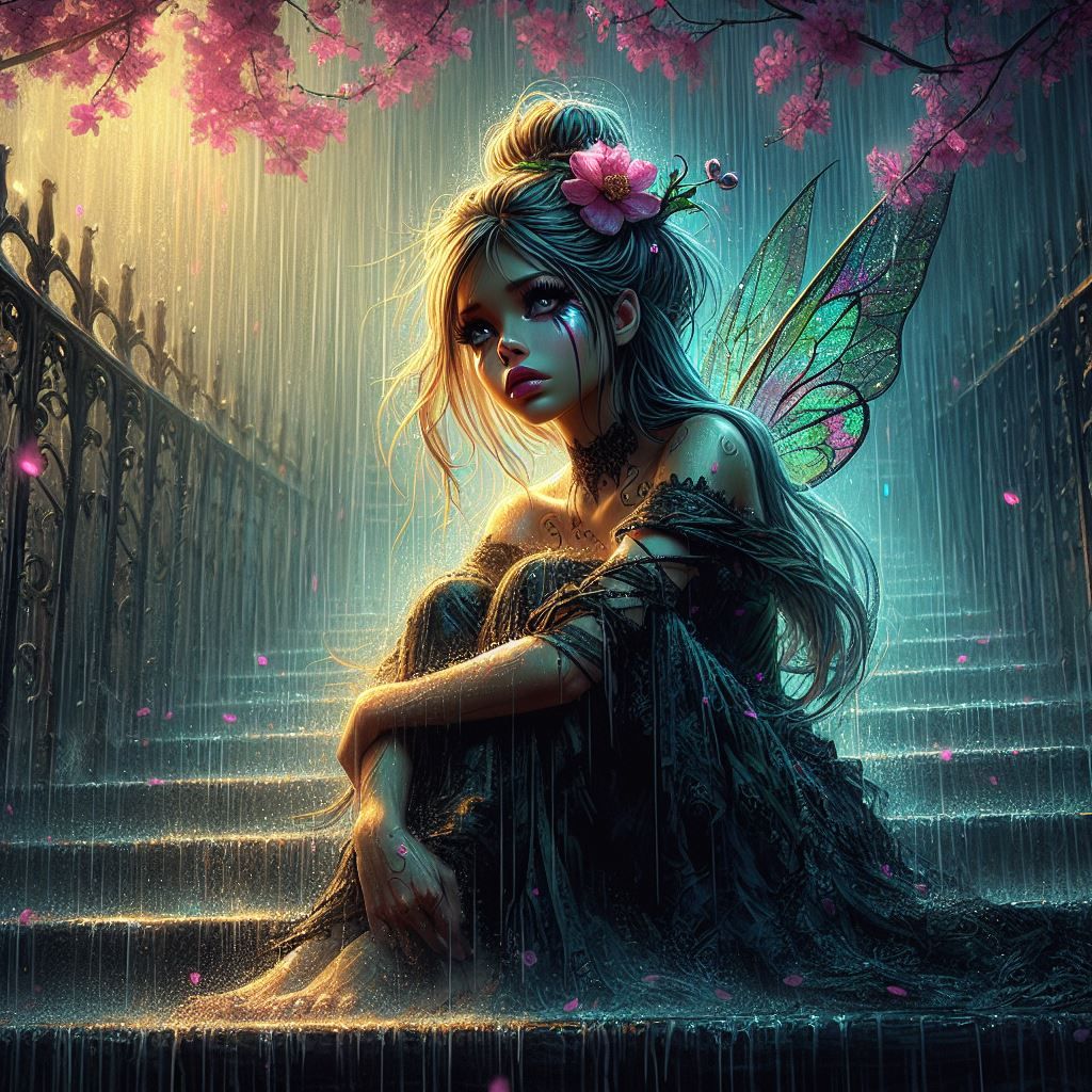 Sad Tinkerbell at rain - AI Generated Artwork - NightCafe Creator