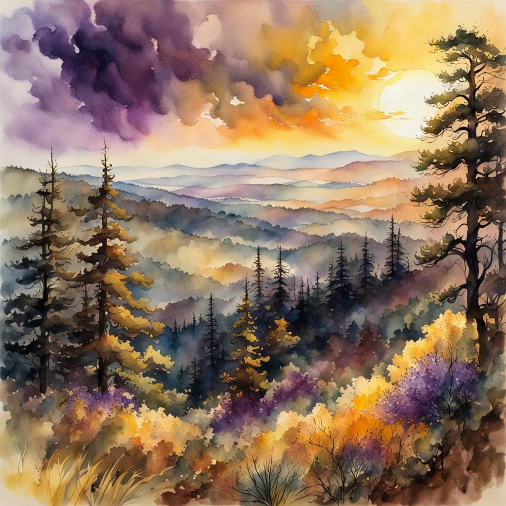 Ink & watercolor illustration : muted brown,  lavender, dirt...