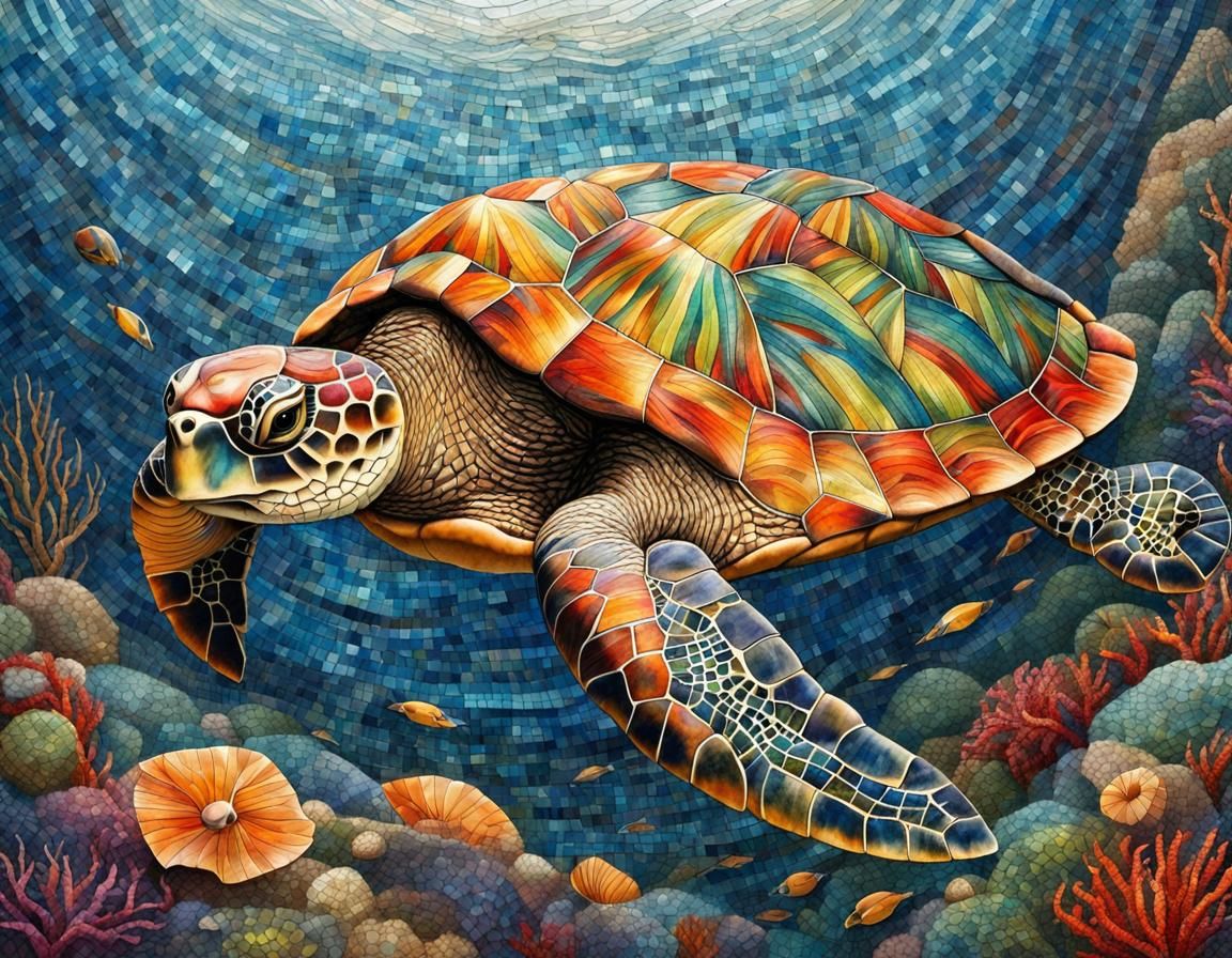 Mosaic turtle swimming in the ocean   by @RoseRed