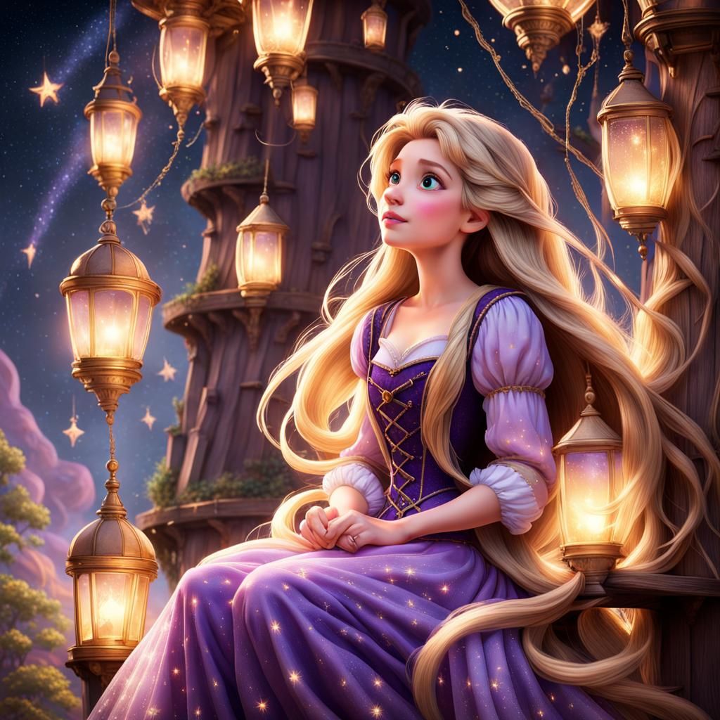 Capture Rapunzel gazing at the stars from her tower, with her hair ...