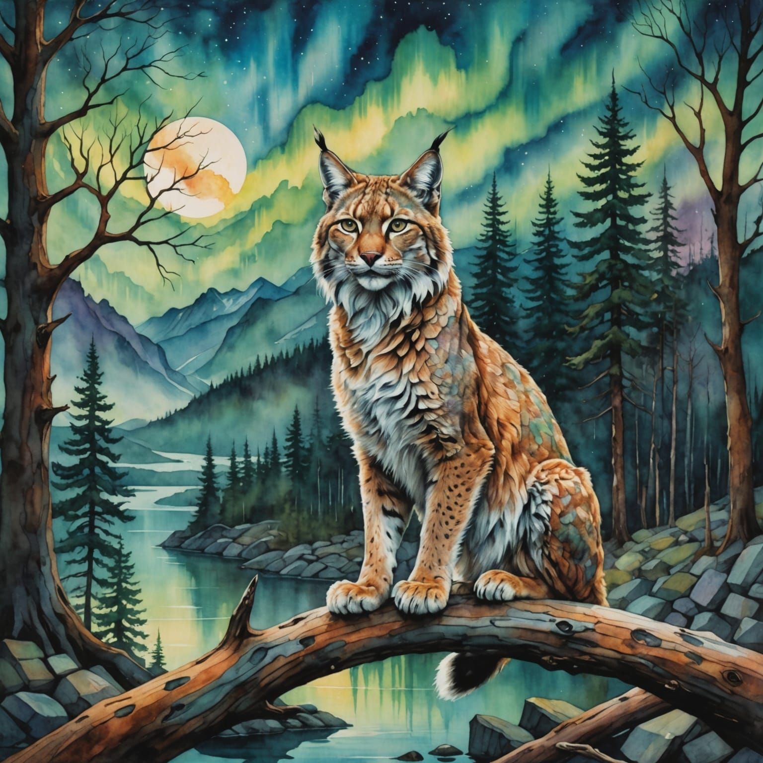 A majestic lynx, rendered in watercolor strokes, is perched on a gnarled, ancient tree branch. Sky filled with aurora borealis.
