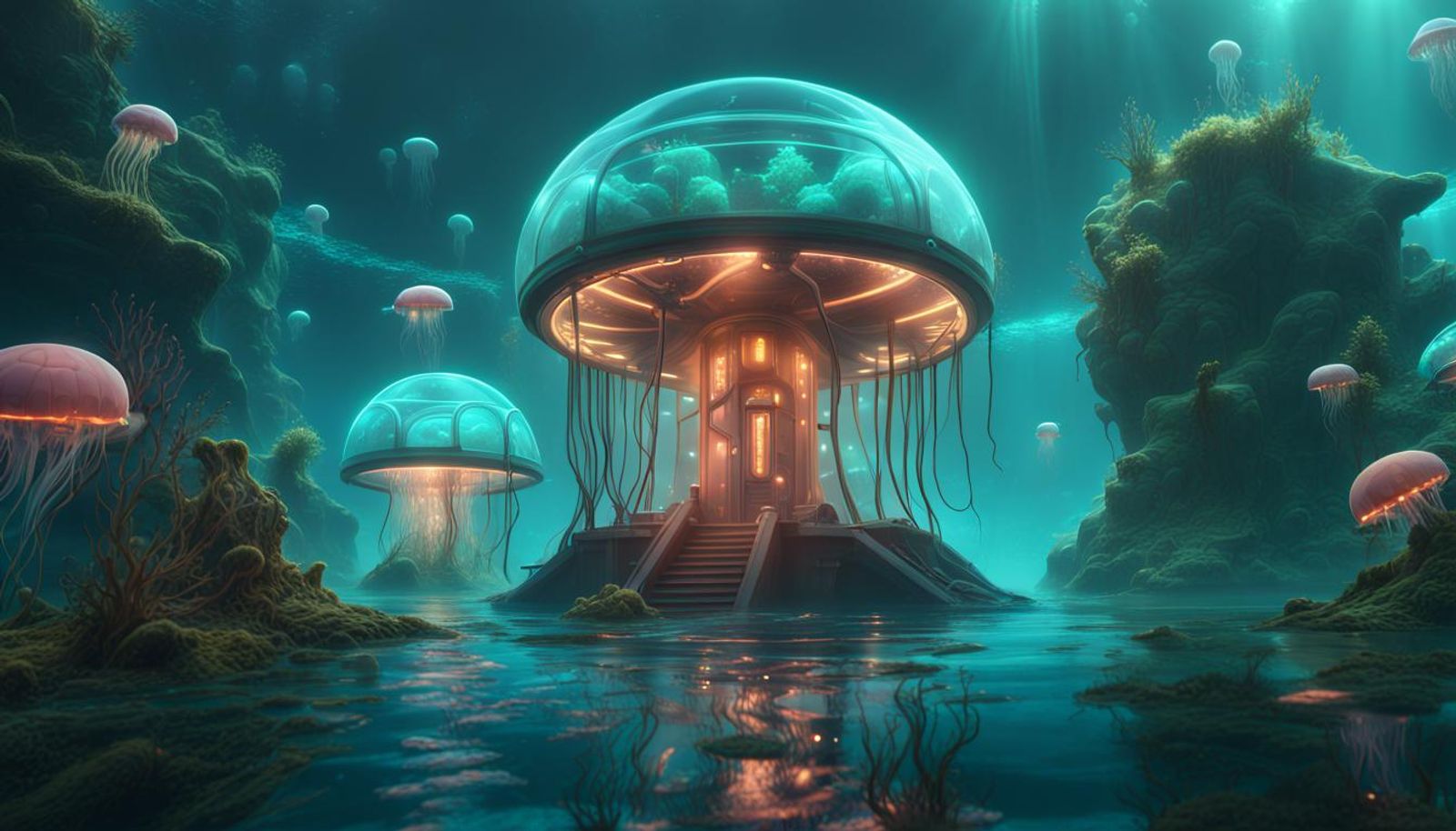 Jellyfish-shaped underwater research station, portholes, turbine ...