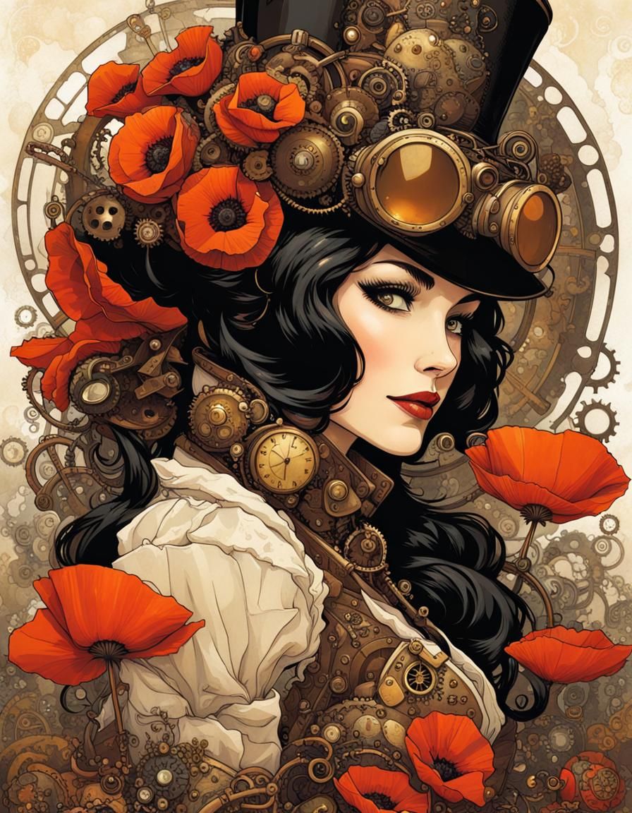 Steampunk lady with poppies  by @Robot Librarian
