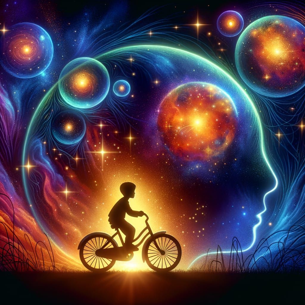 Cartoon Bicycle Rider in Cosmic Galaxy