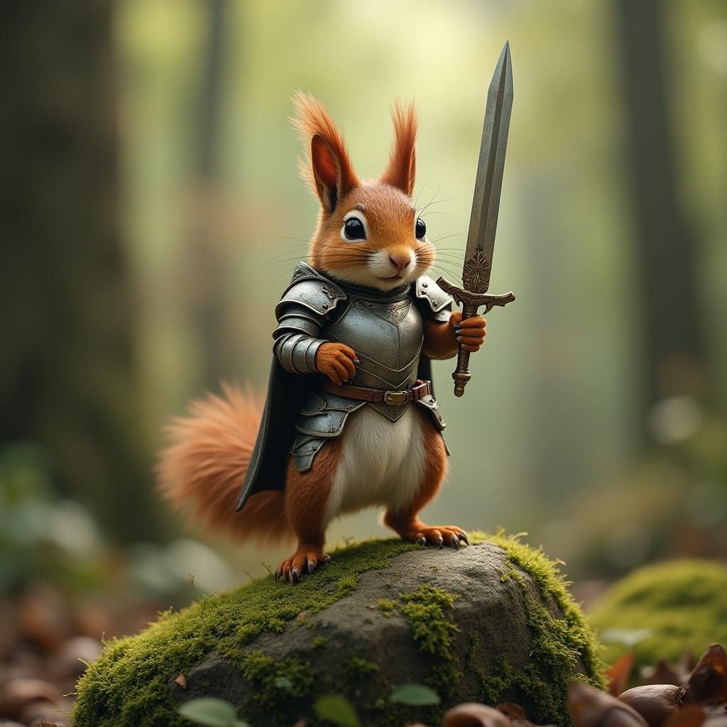 have the squirrel raise it's sword as if in battle then run away to hide in the forest