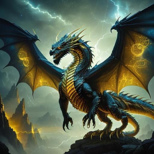 <lora:Realism of Dragons:1.0> An ancient dragon with four wings flies in the night sky, his scales are the color of pure Gold, markings glow...