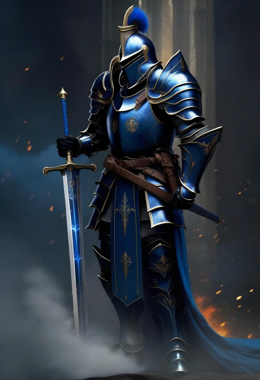 Full armor Knight with a black and blue robe whielding a lon...