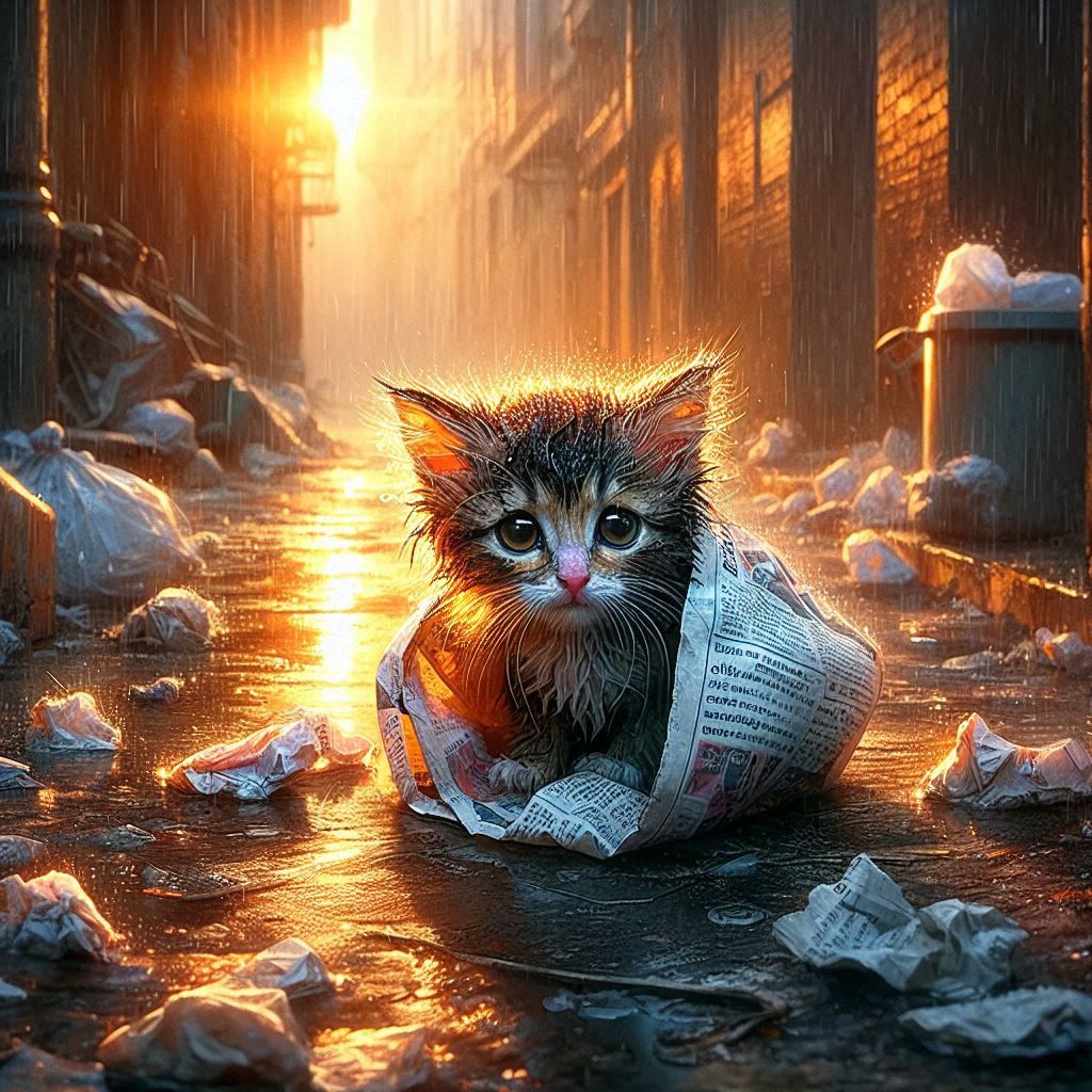 Sad fluffy wet kitten hiding under a newspaper in the rain i...