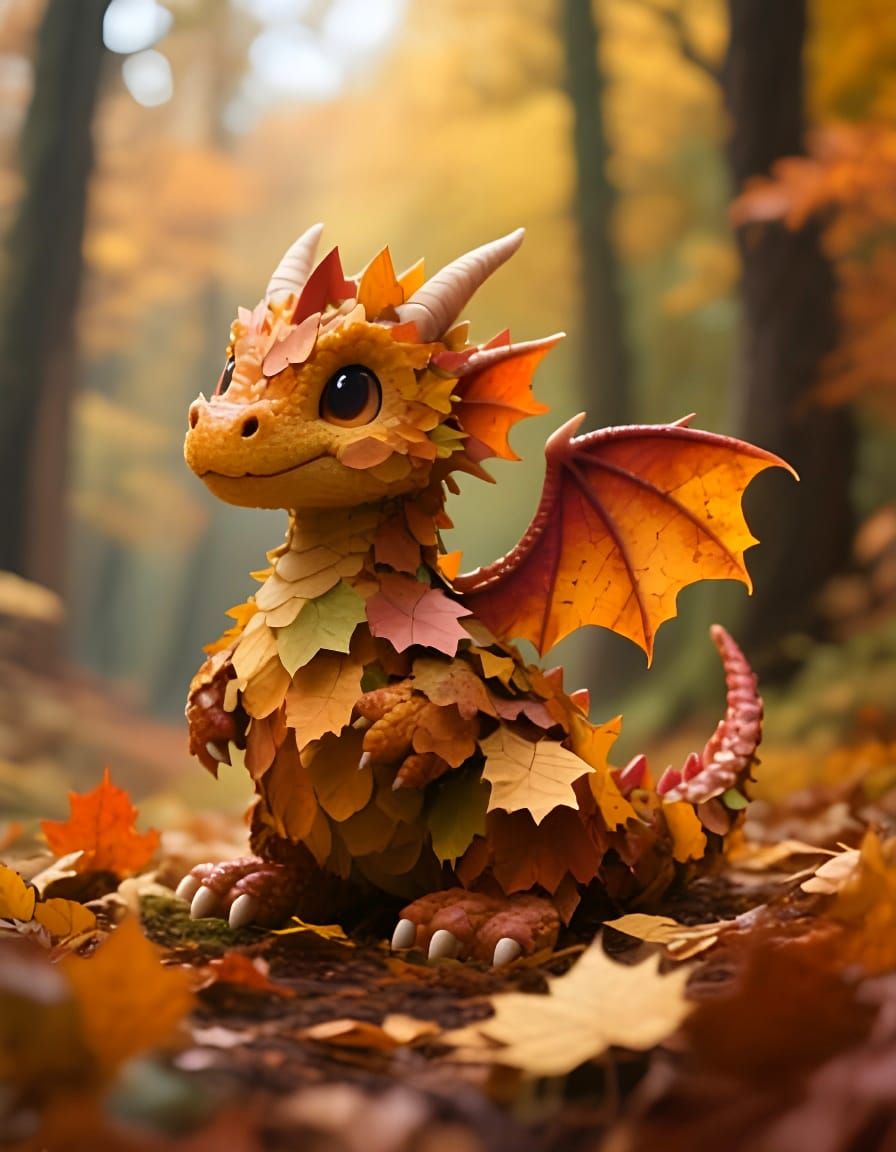 A cute baby dragon made from autumn leaves  by @Daleone
