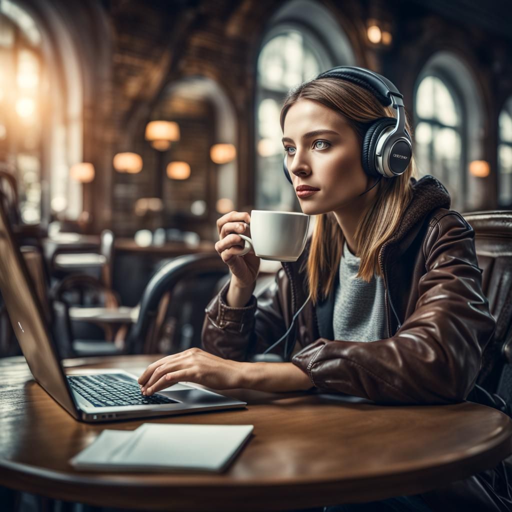 Hyperrealistic gorgeous woman alone drinking a cappuccino co...