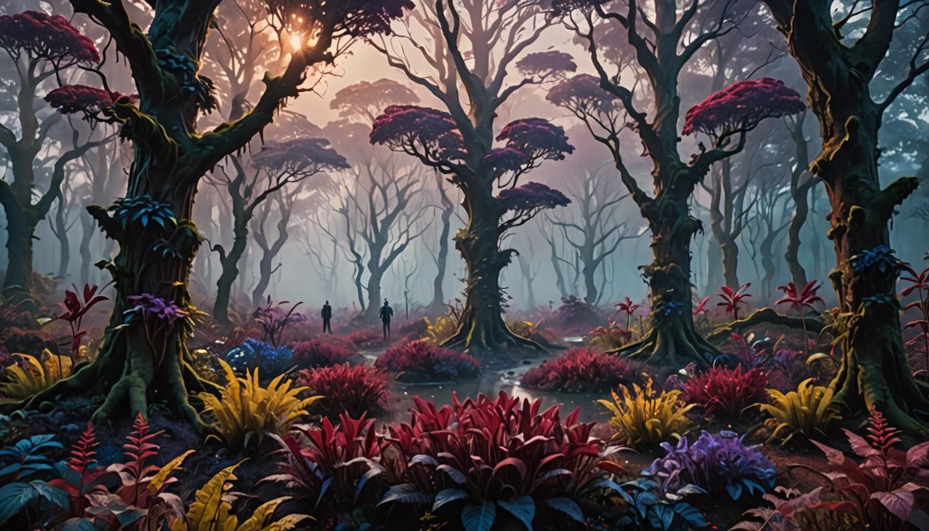 alien forest with maroon and blue and purple flora, intricate details, HDR, beautifully shot, hyperrealistic, sharp focus, 64 megapixels, pe...