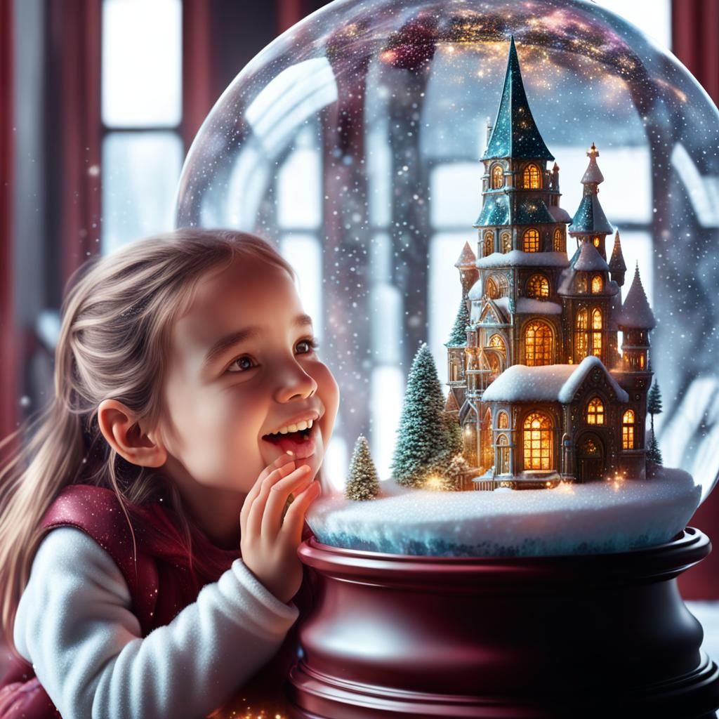 Young joyful little girl looking into a snow globe.