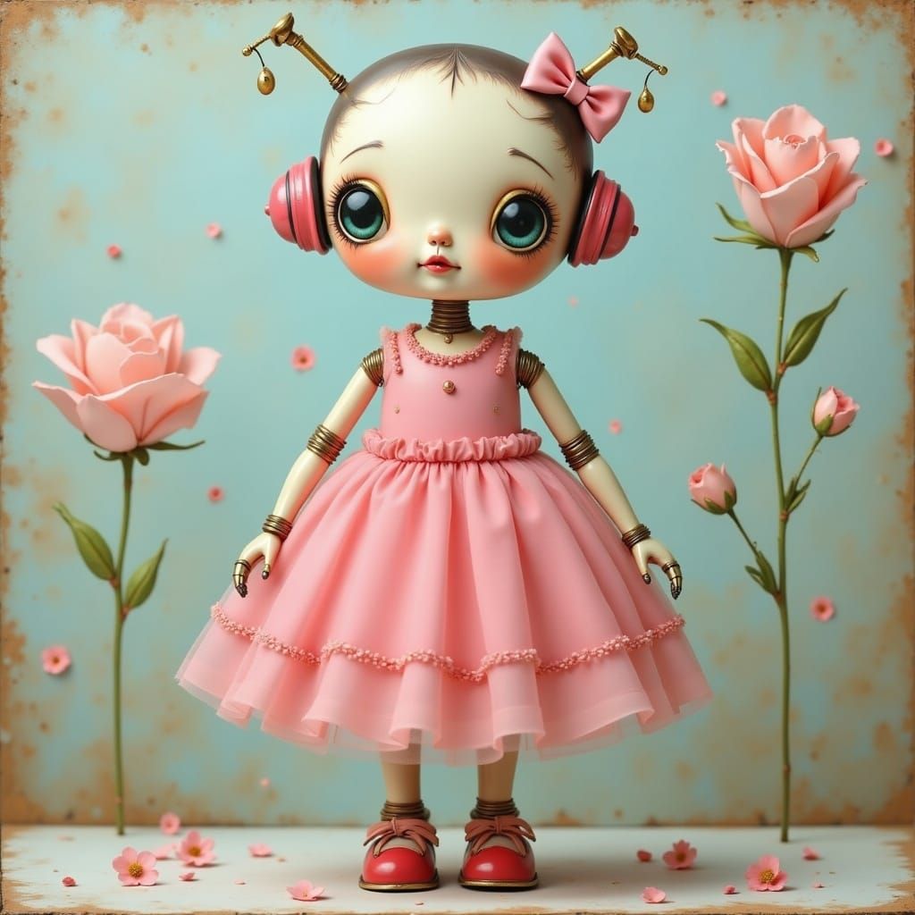 <lora:Cute Surreal Robot:1.0> LADYBUG WEARING A PINK DRESS
