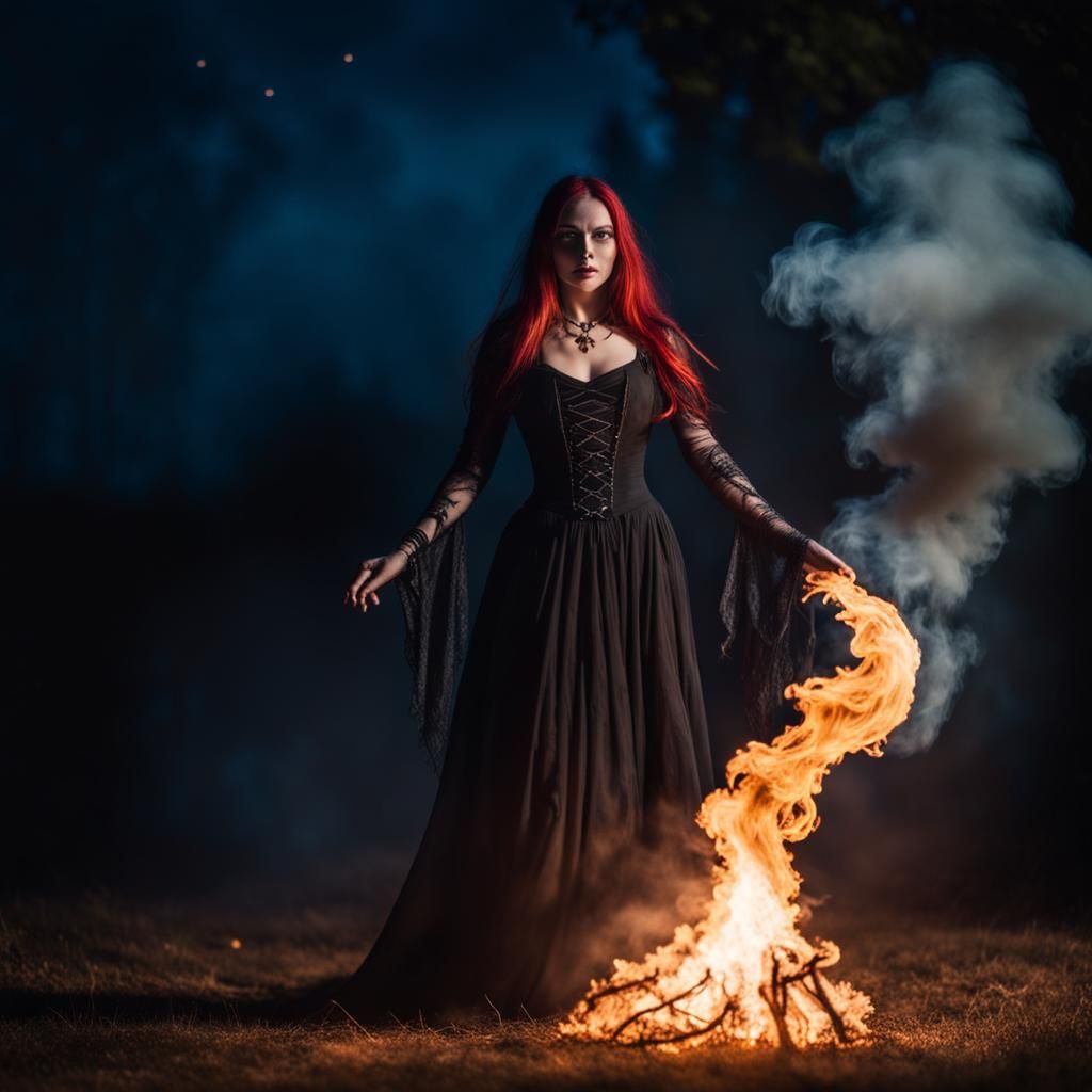 The flame engulfed soul of a gothic witch, transcending into the dark ...