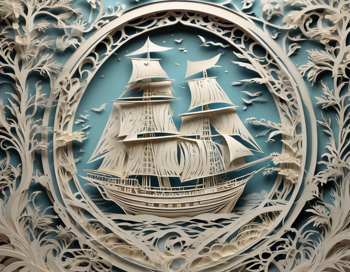 Kirigami paper cut image of a sailing boat on the ocean, int...