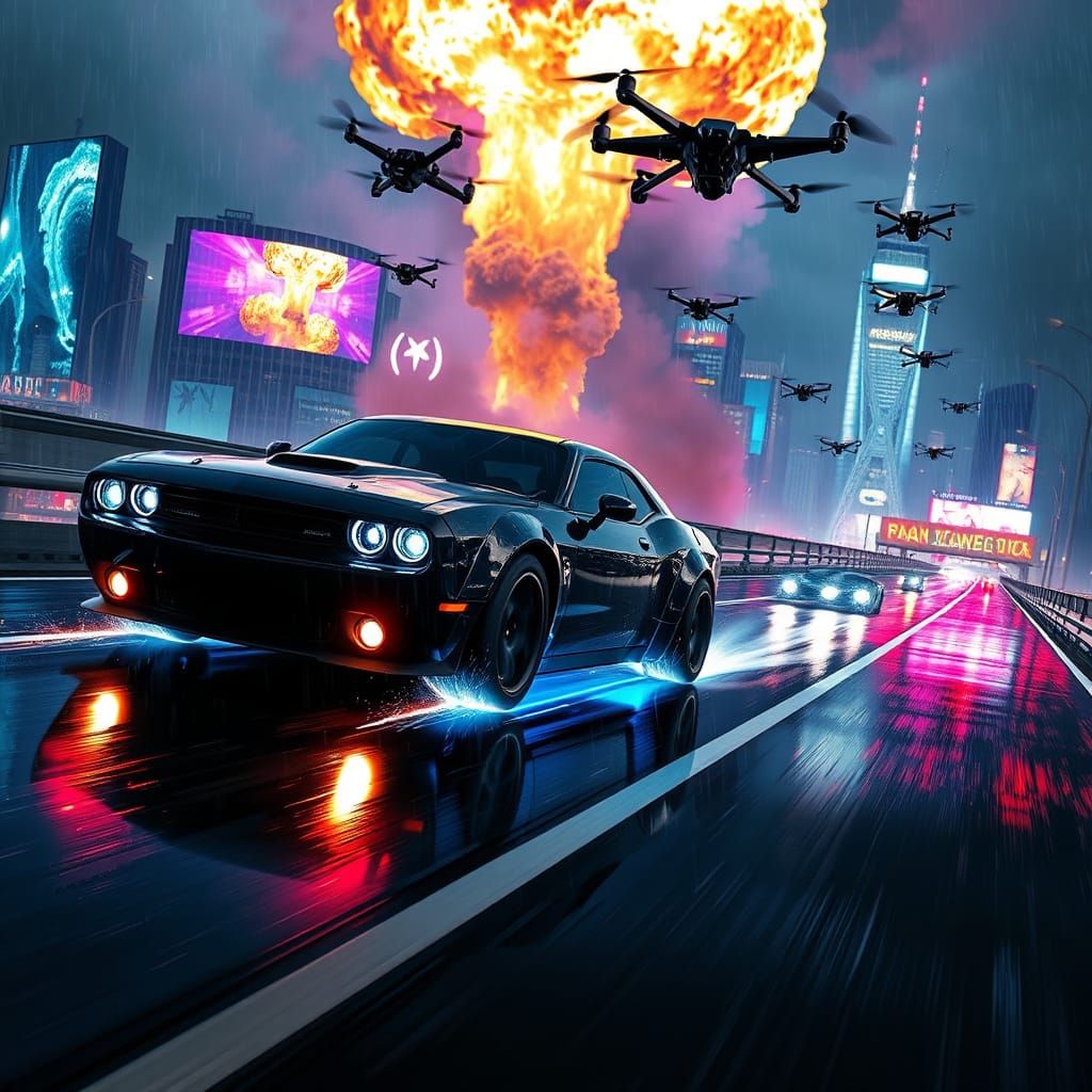 Futuristic Muscle Car Drifting Through Cyberpunk Cityscape