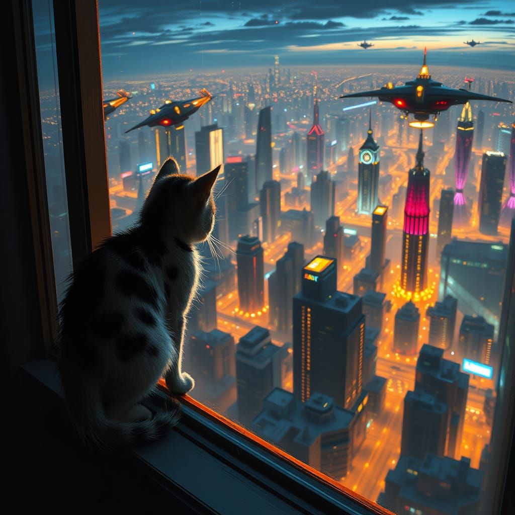 A solitary kitten, perched on a windowsill overlooking a sprawling, futuristic cityscape at night. The kitten gazes out at the neon lights a...