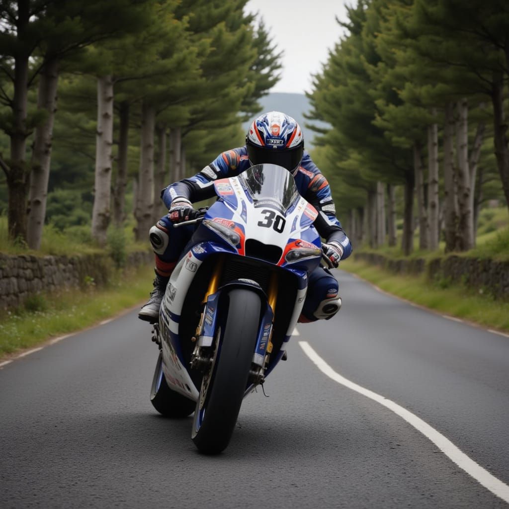 <lora:Motorcycle Racing:1.0> Photorealistic Motorcycle street racing in the Isle of Man through a tree lined road