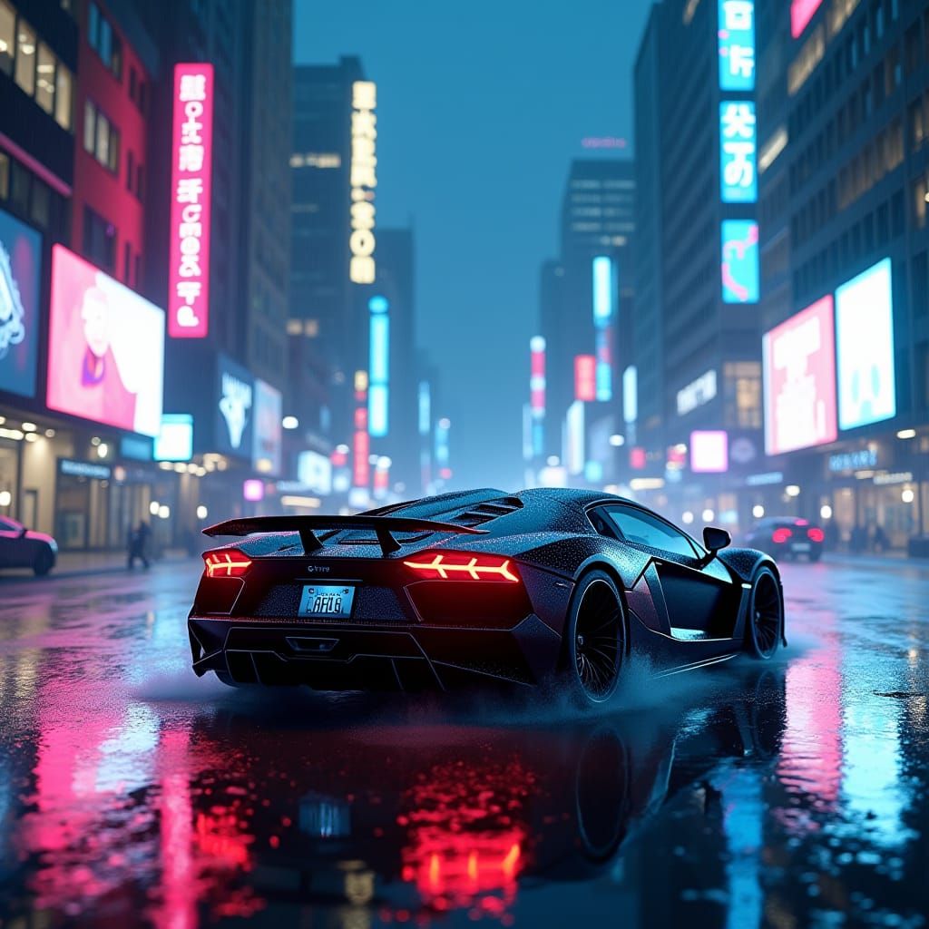 um carro esportivo dentro de uma cidade urbana de noite e chovendo, com