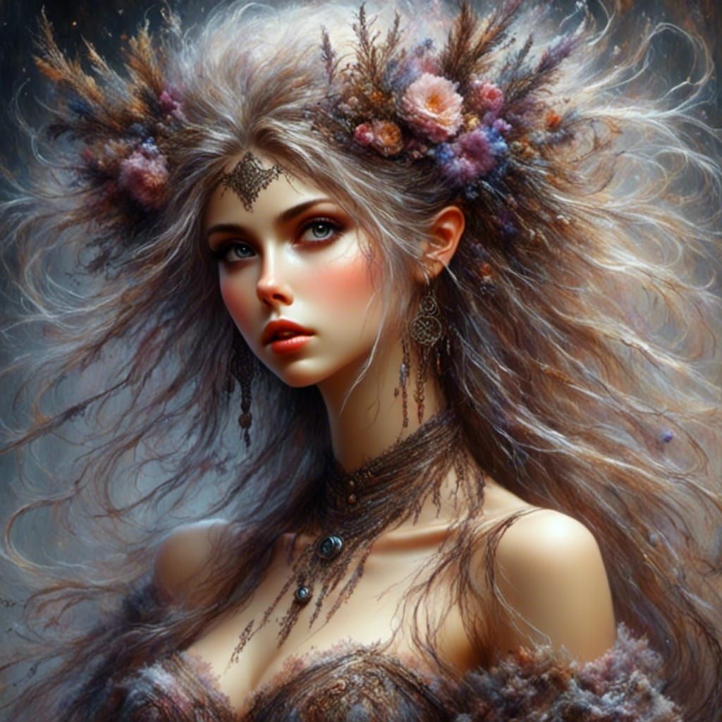 <lora:Spirits of Nature:1.0> <lora:Punky Pixie:1.0> in style of Luis Royo