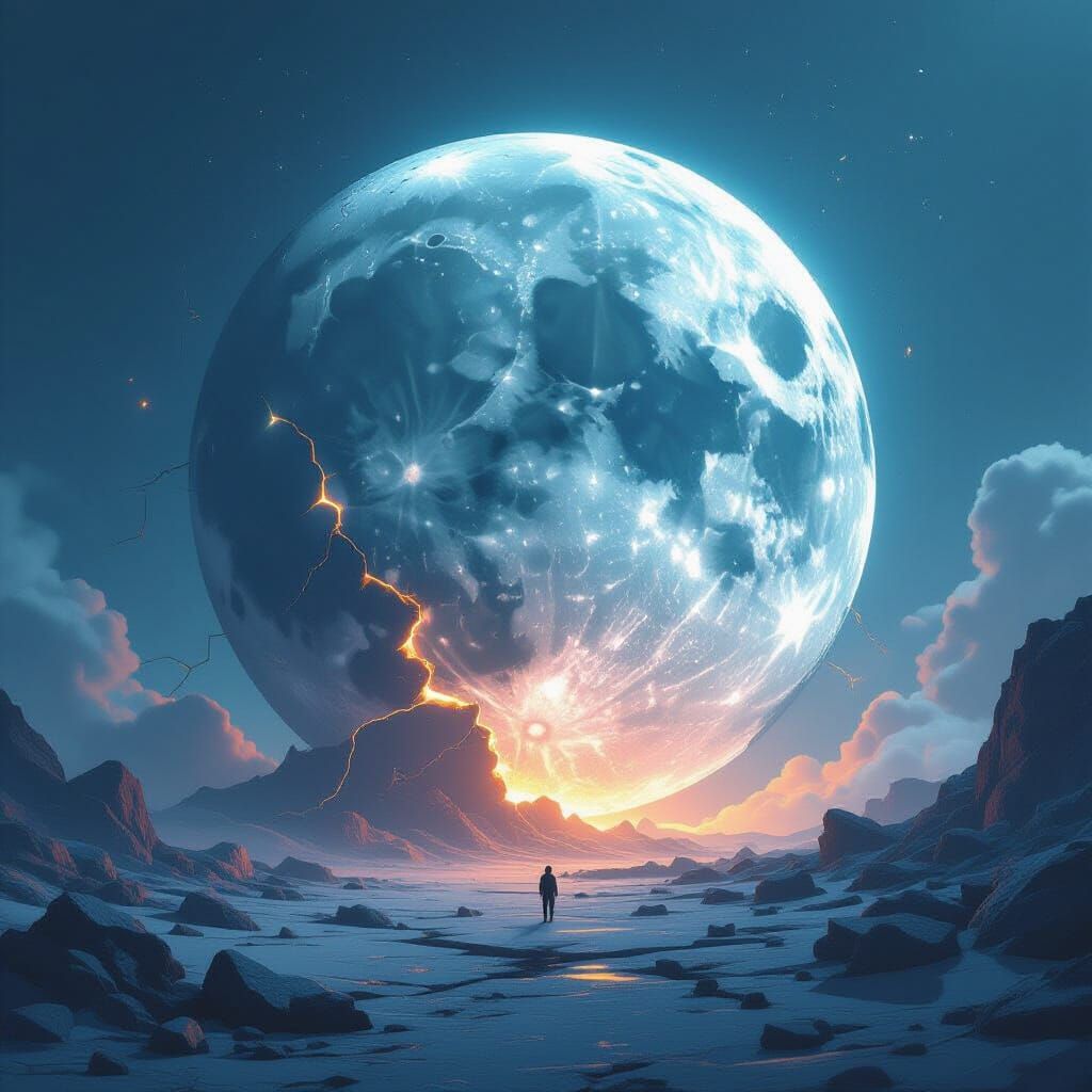 Fractured Moon in Surreal Digital Art Style
