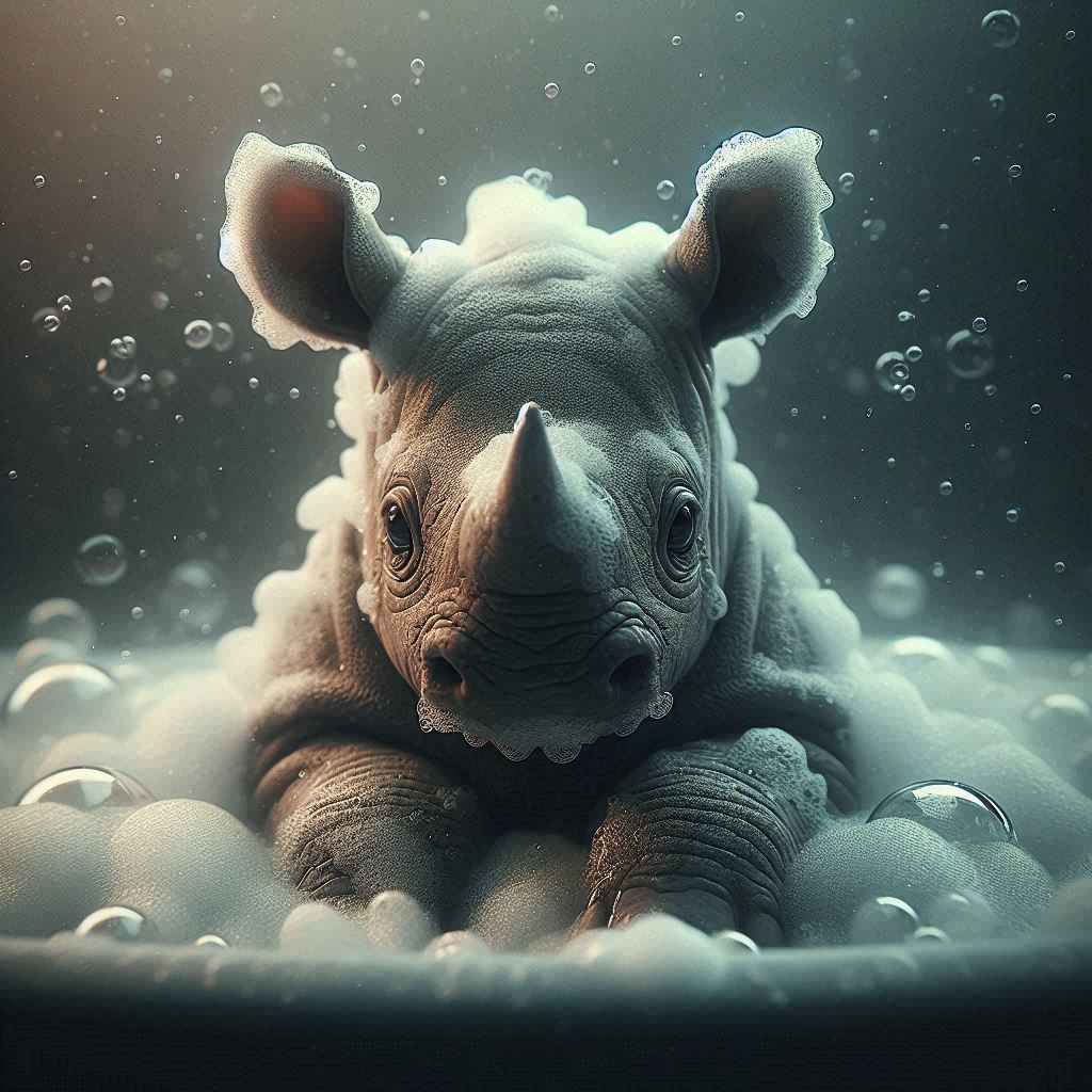 Baby Rhino Taking a Bath