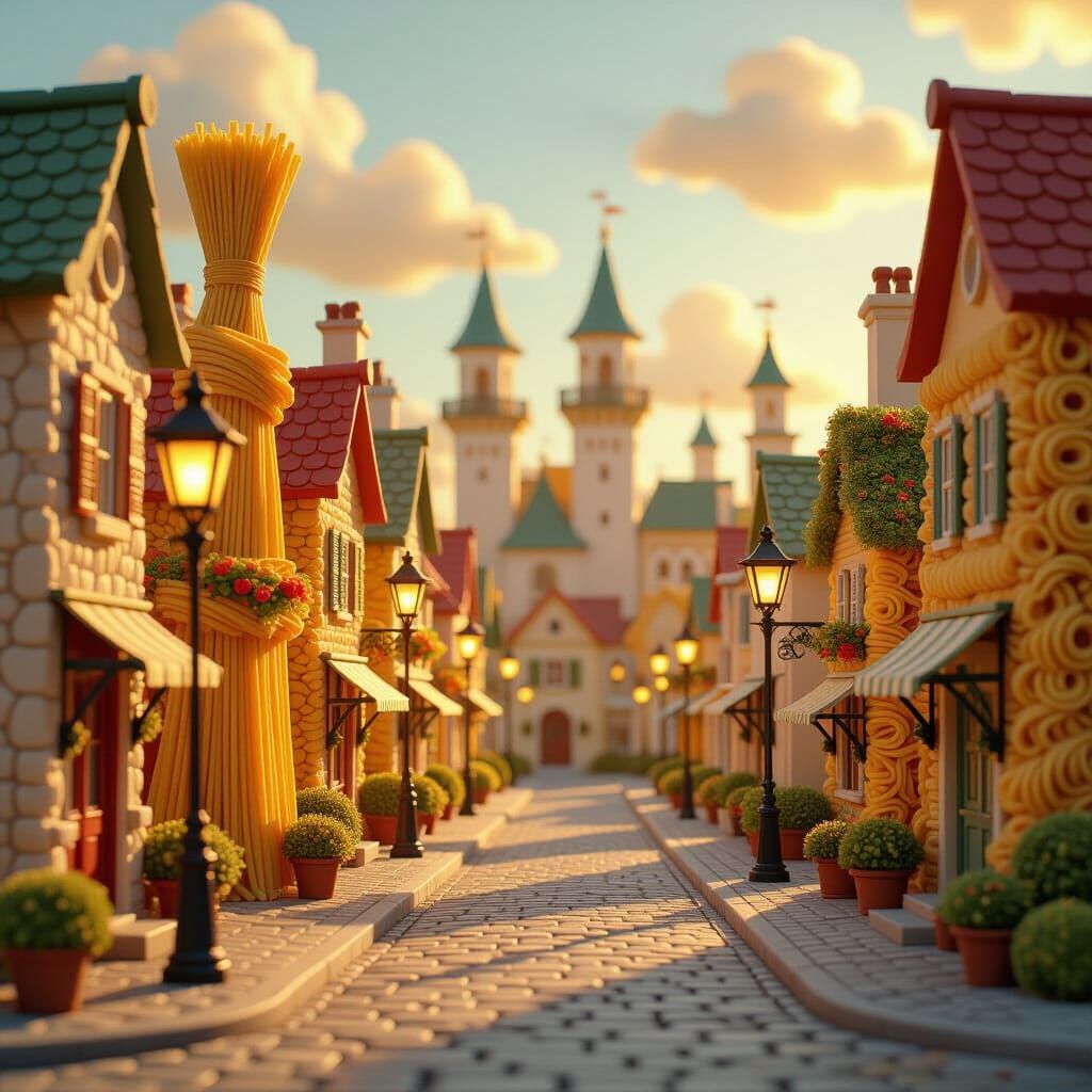 Whimsical Pasta Street Scene in Golden Hour Light