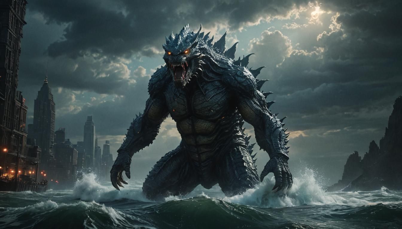 A kaiju attacking a coastal city