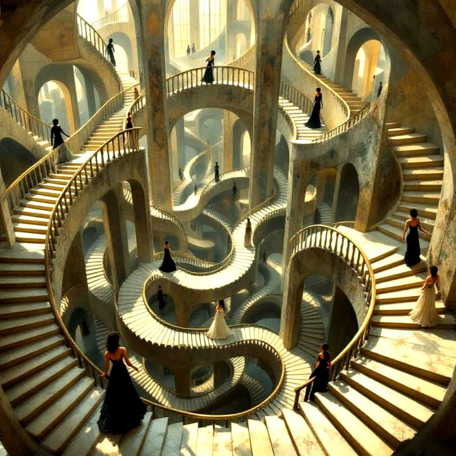 Elegant Ladies Navigate Fractal Stairway Maze in the Atmosph...