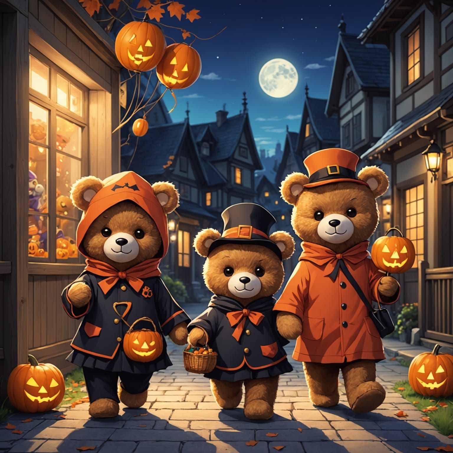 Teddy bears in costumes trick or treating all along the neig...