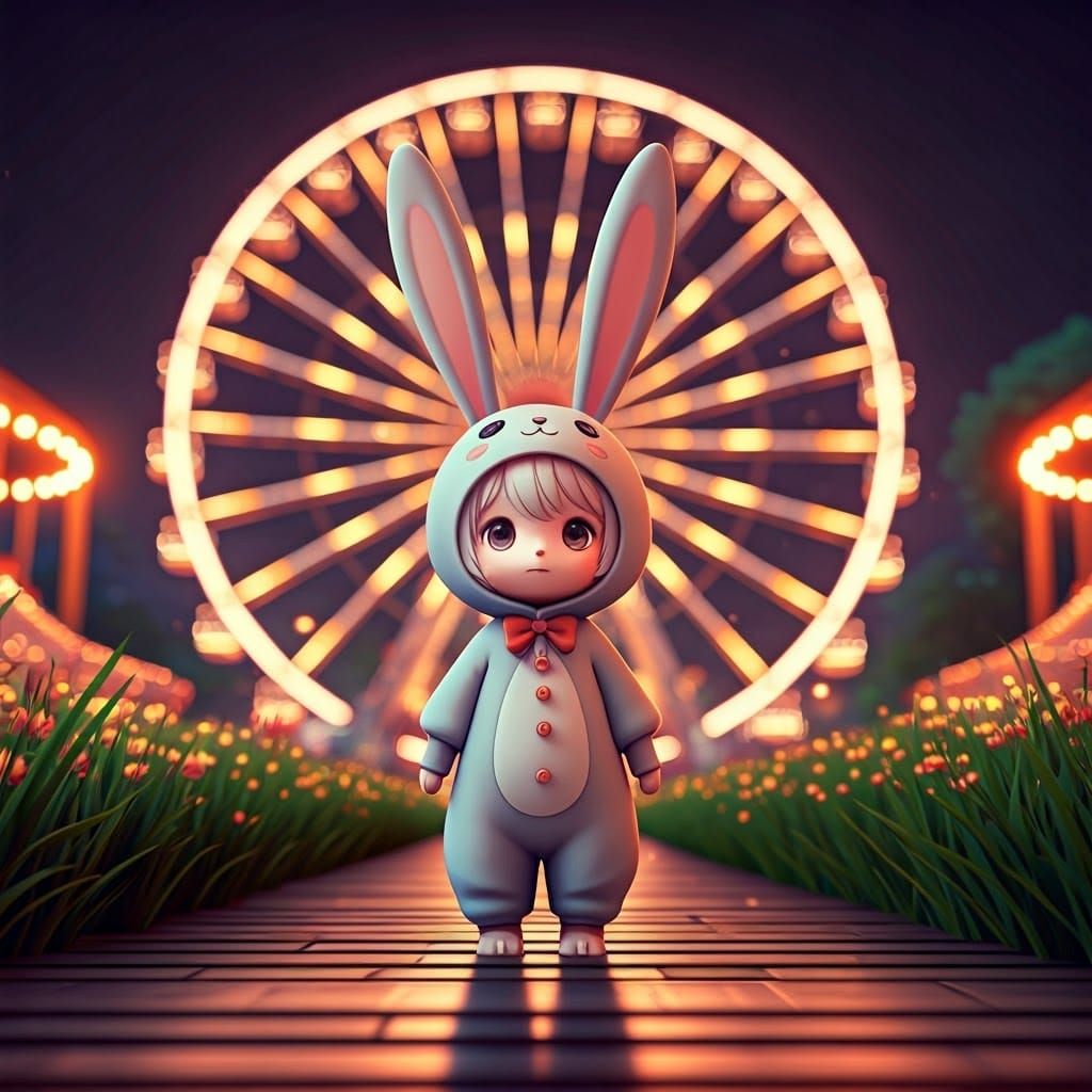 Cartoon Rabbit at Amusement Park in Anime Style