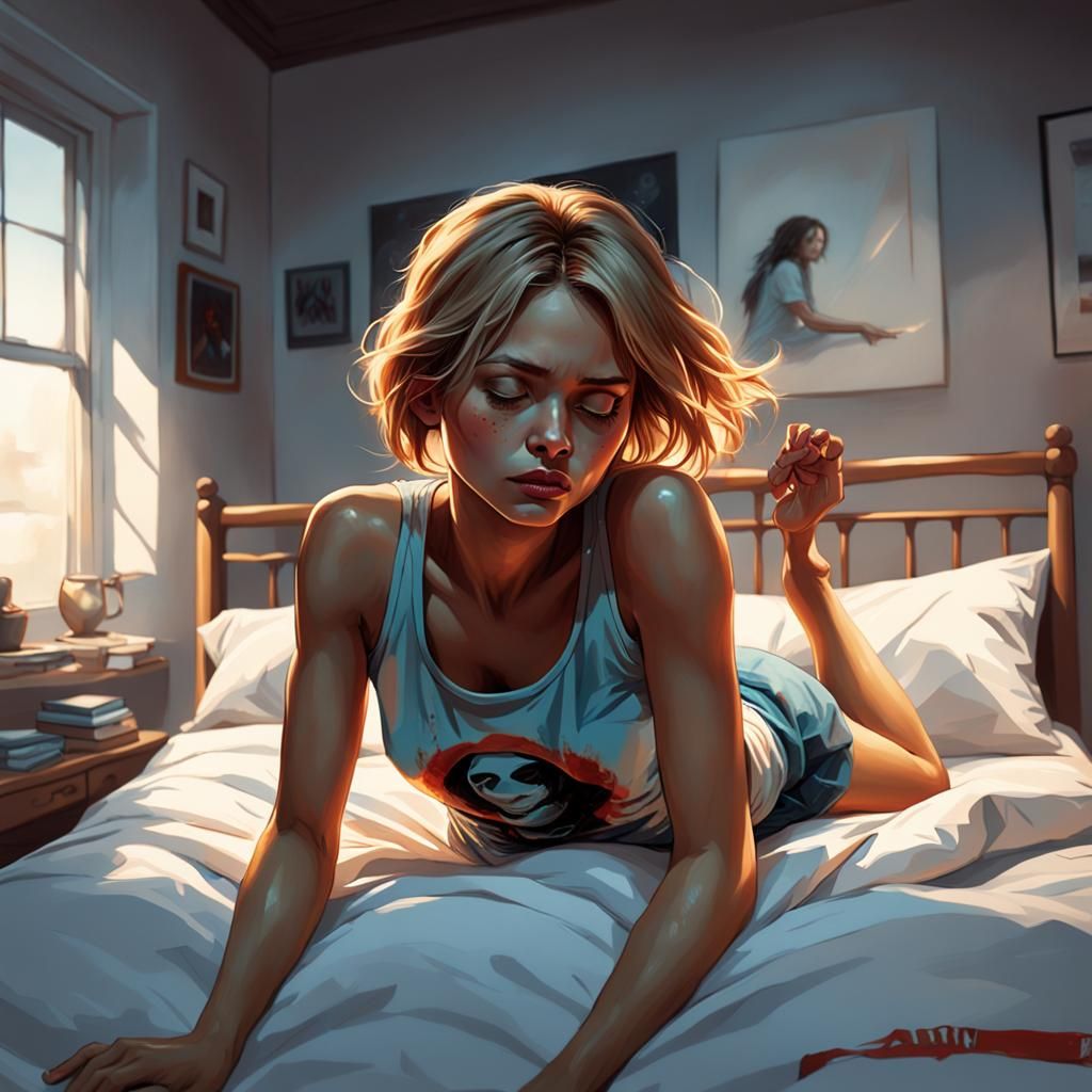 Chica obsesionada en camisón durmiendo y levitando sobre la ...