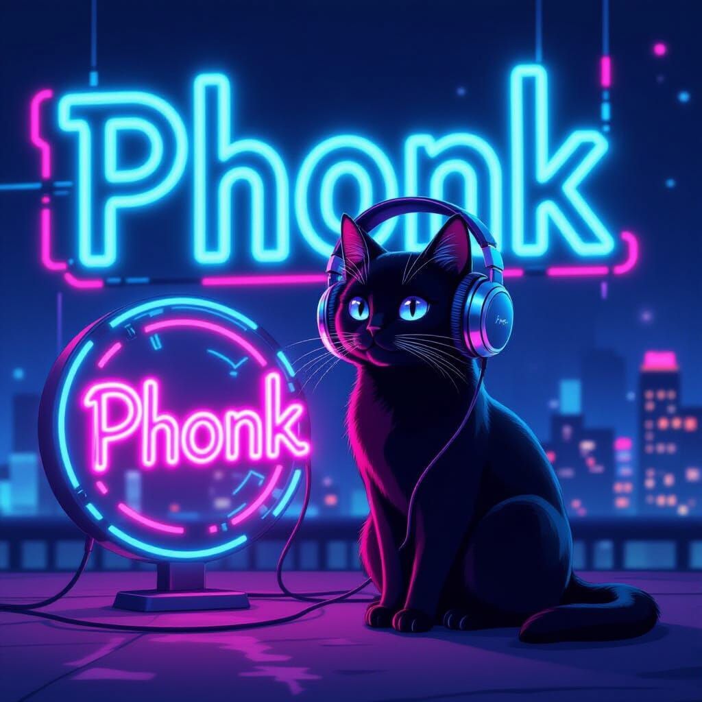 make a cute completely black cat with headphones next to a cool cybernetic  track that says 'phonk' on it