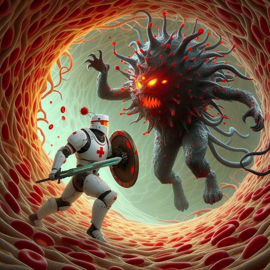 White cell paladin fighting microscopic virus monster