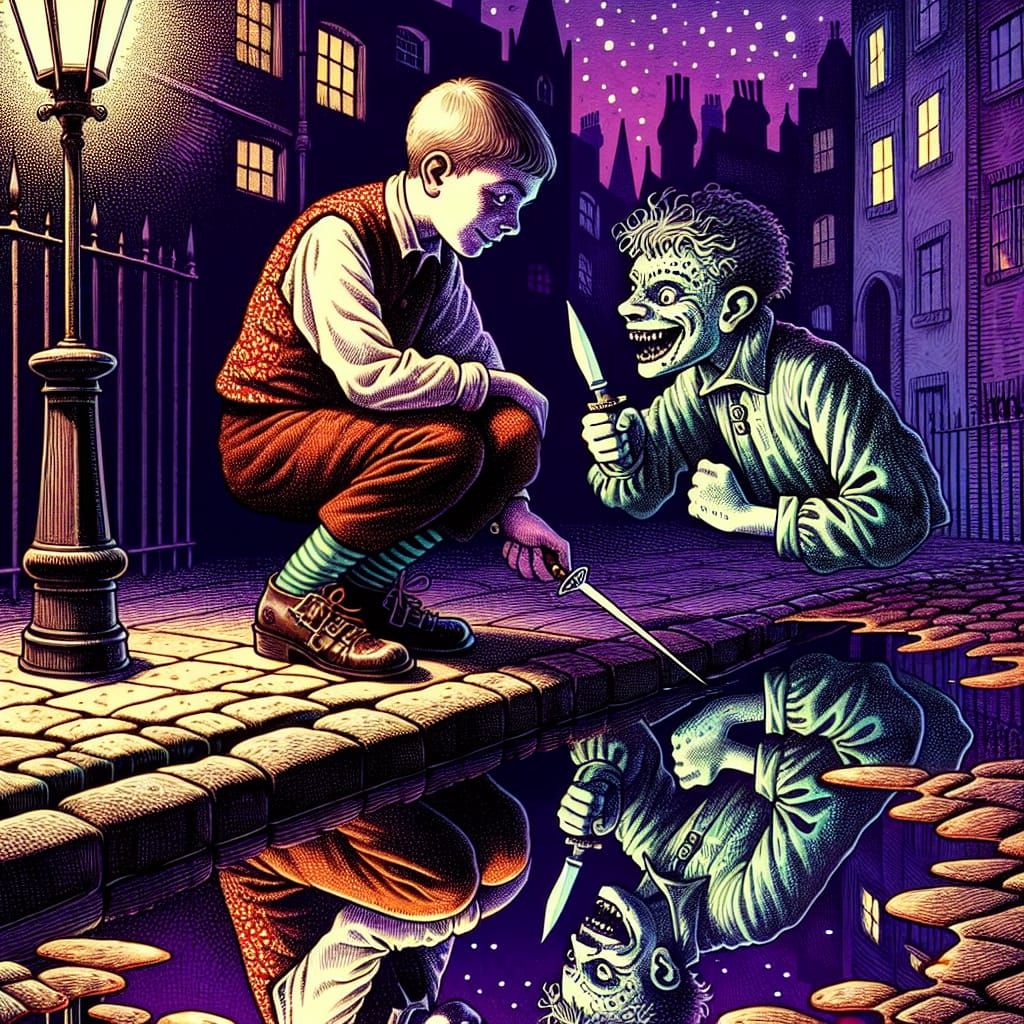 Colored Hyperrealistic Art Portrait With Ink Linework Ornament Elements.A teenage boy squats on the curb of a cobblestone street in London... Colored Hyperrealistic Art Portrait With Ink Linework Ornament Elements.A teenage boy squats on the curb of a cobblestone street in London...