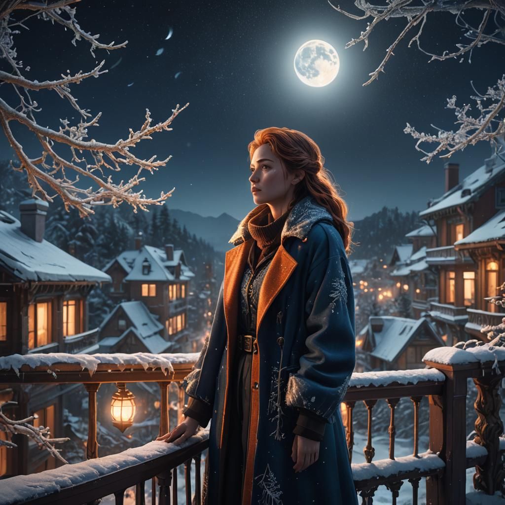 Girl Gazing at Moon from Snowy Balcony