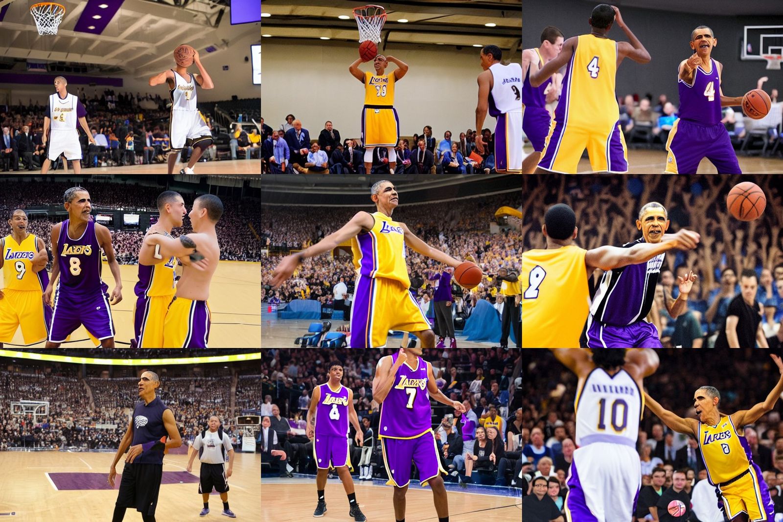 "Obama throwing a three-pointer for lakers"