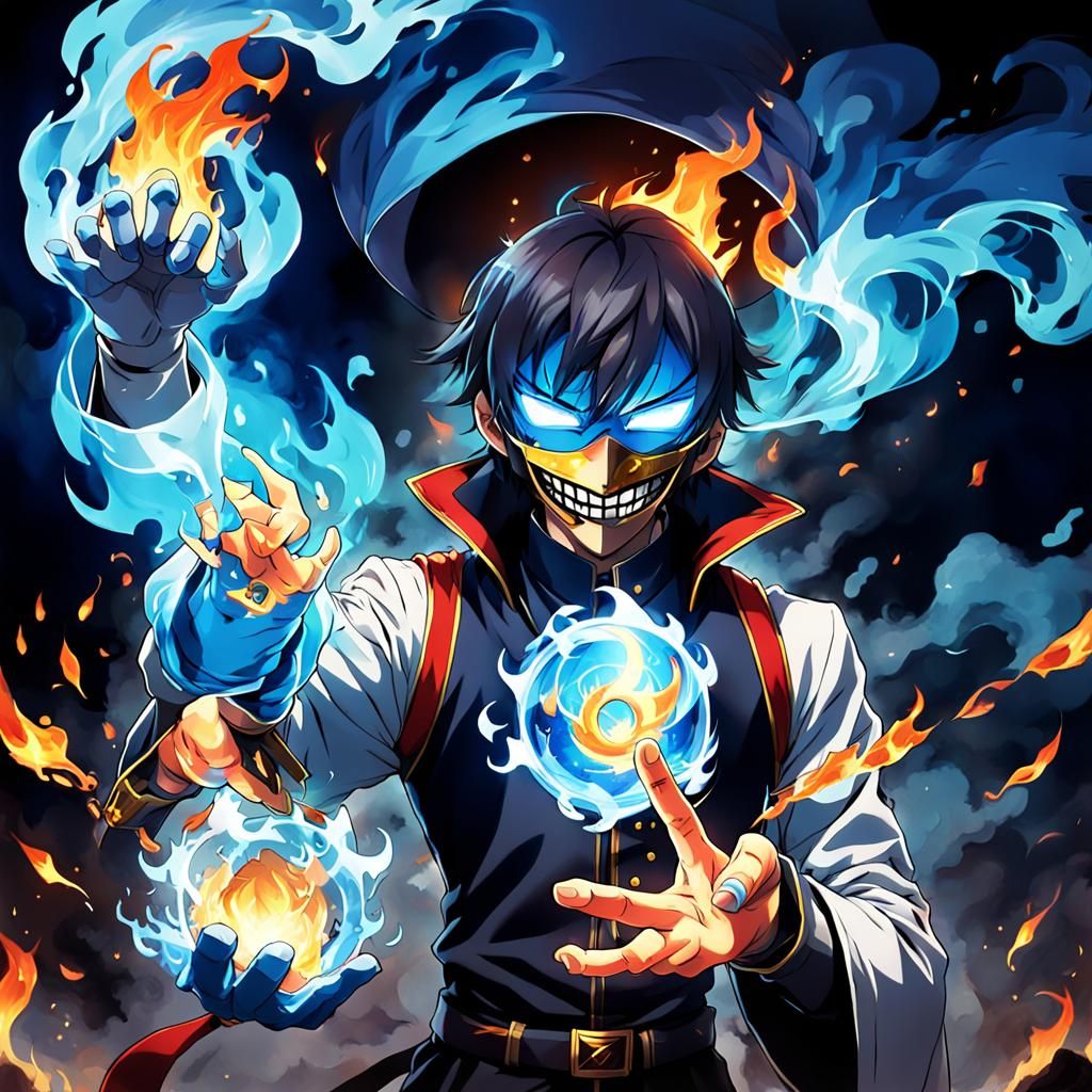 Villain with mystery mask and making fire out of hand
