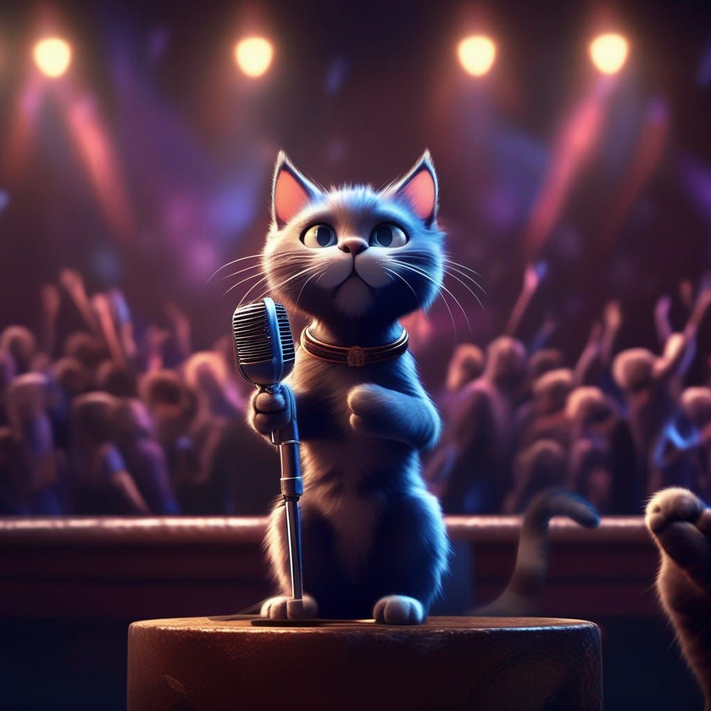 Cat with a microphone singing on a stage in front of an audience. SDXL 0.9  by @Pam